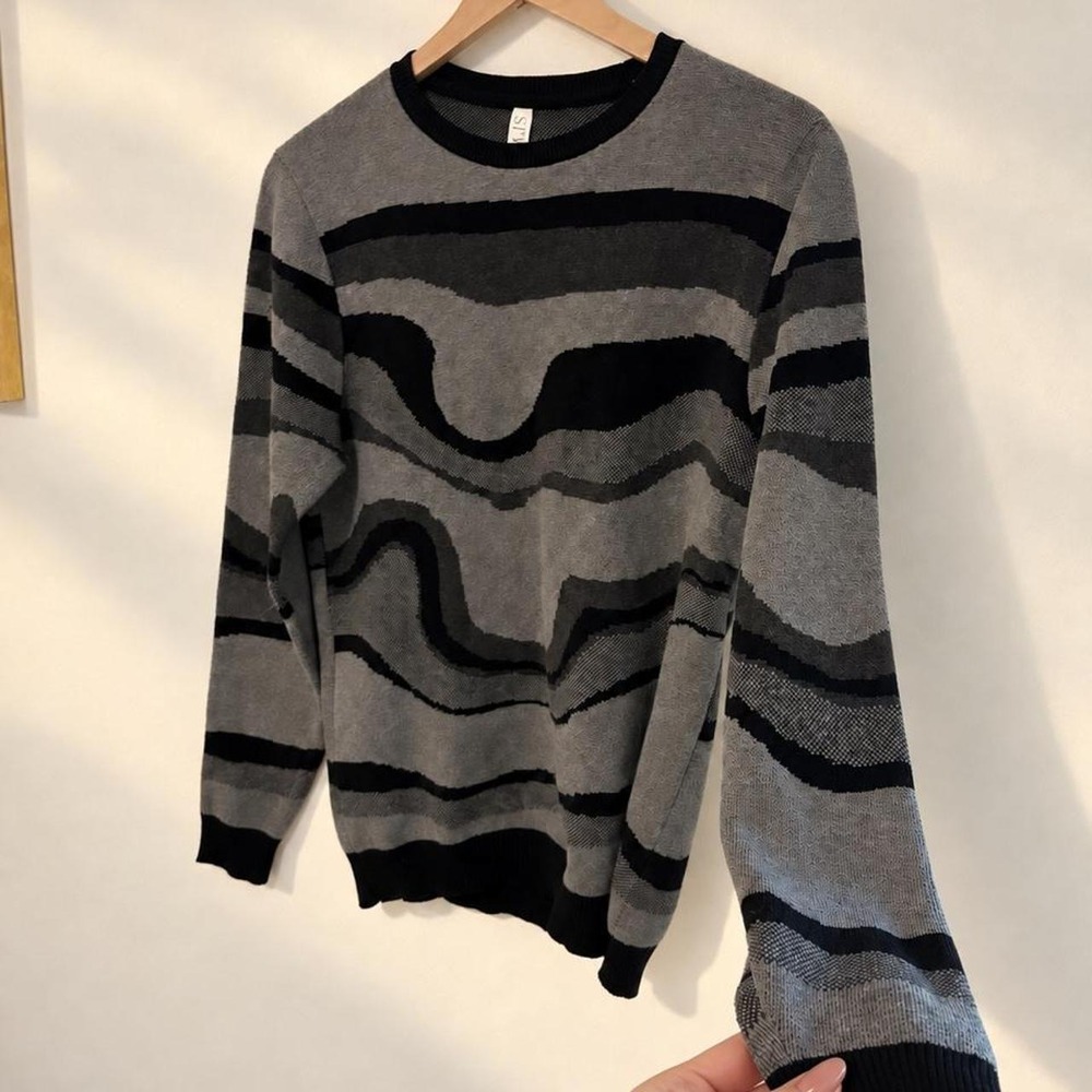 Abstract Wave Striped 100% Cotton Crewneck Sweater Knit Retro Artsy Small